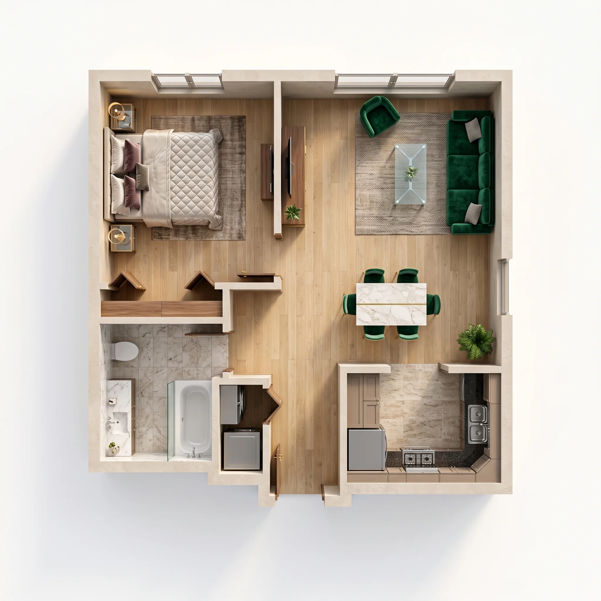 Furnished 3D view of a one-bedroom apartment with a bedroom, bathroom, kitchen and living area.