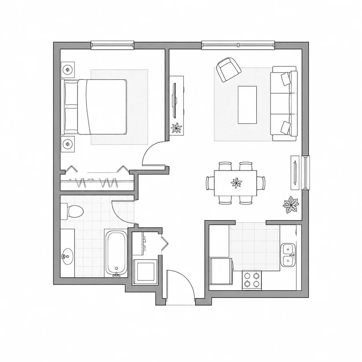 2D one-bedroom apartment floor plan with a bedroom, bathroom, kitchen and living area.