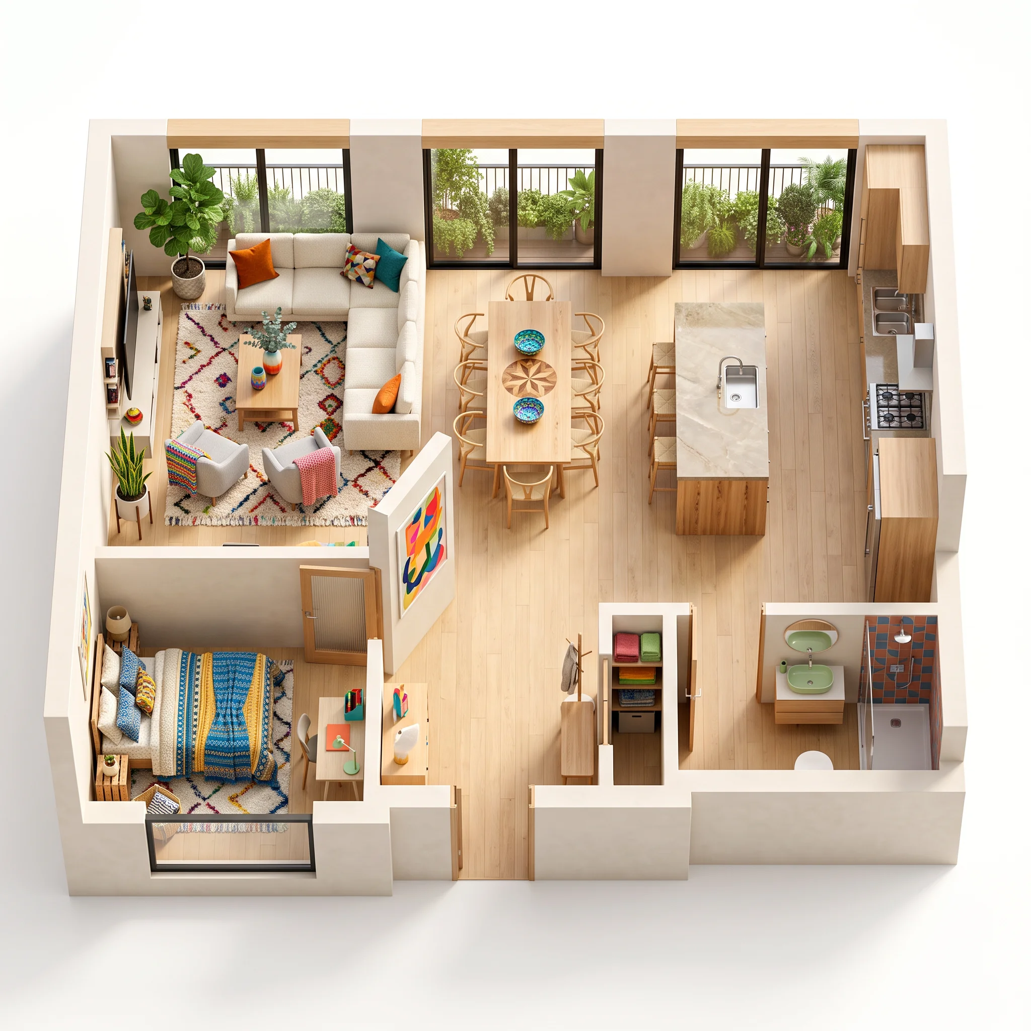Furnished 3D open-plan space with connected kitchen, dining and living areas.