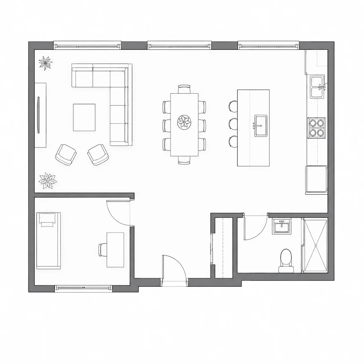 2D open-plan layout showing connected kitchen, dining and living areas.