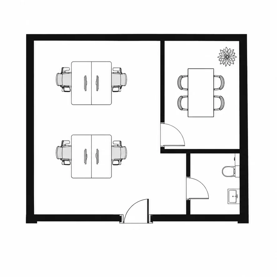 2D small office floor plan showing workstations, an enclosed meeting room and a restroom.