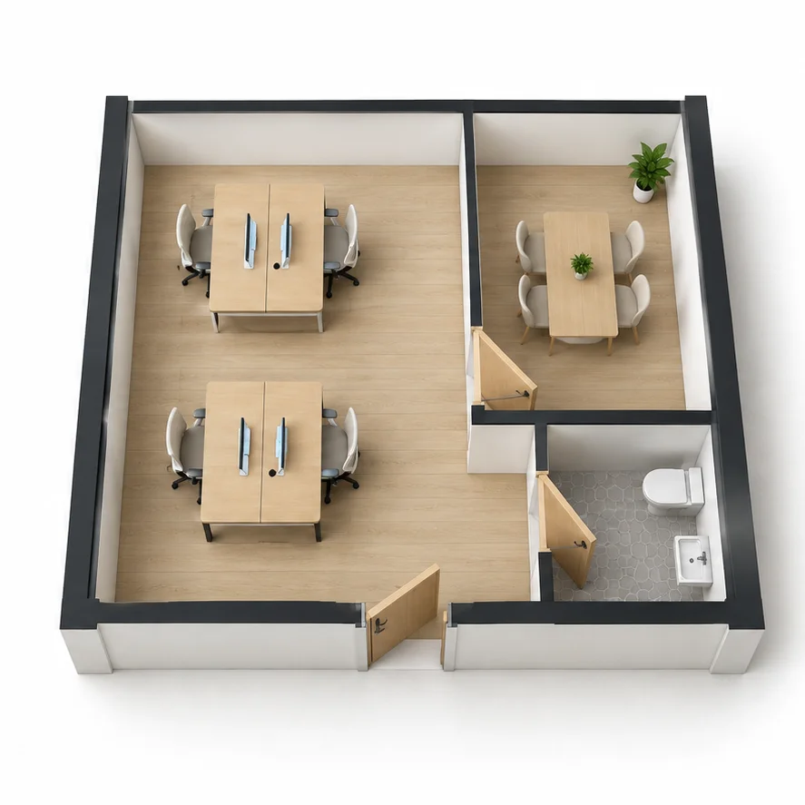 Furnished 3D small office floor plan showing desks, a meeting room and a restroom.