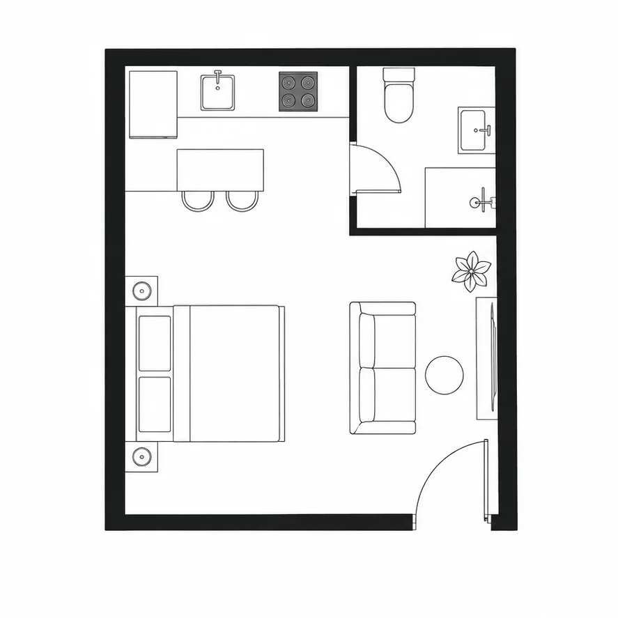 2D studio apartment floor plan with an open living and sleeping area, kitchenette and separate bathroom.