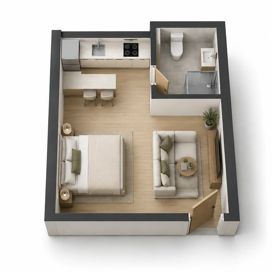 Furnished 3D studio apartment floor plan showing sleeping, cooking and living zones beside a separate bathroom.