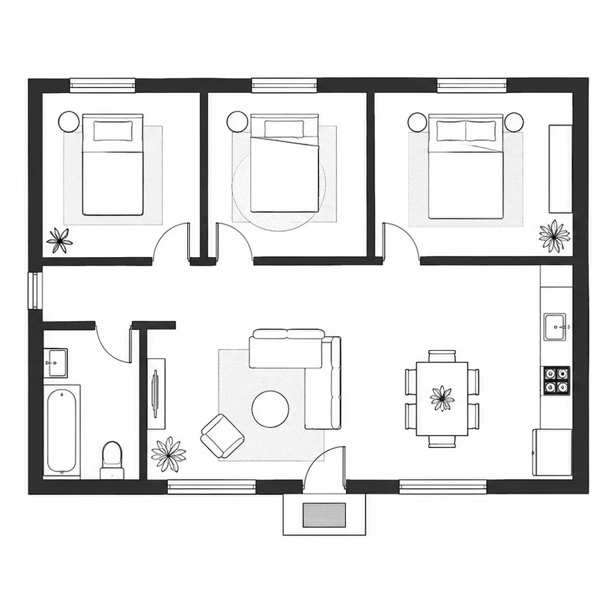 2D single-story home floor plan with three bedrooms, a bathroom and shared living areas.
