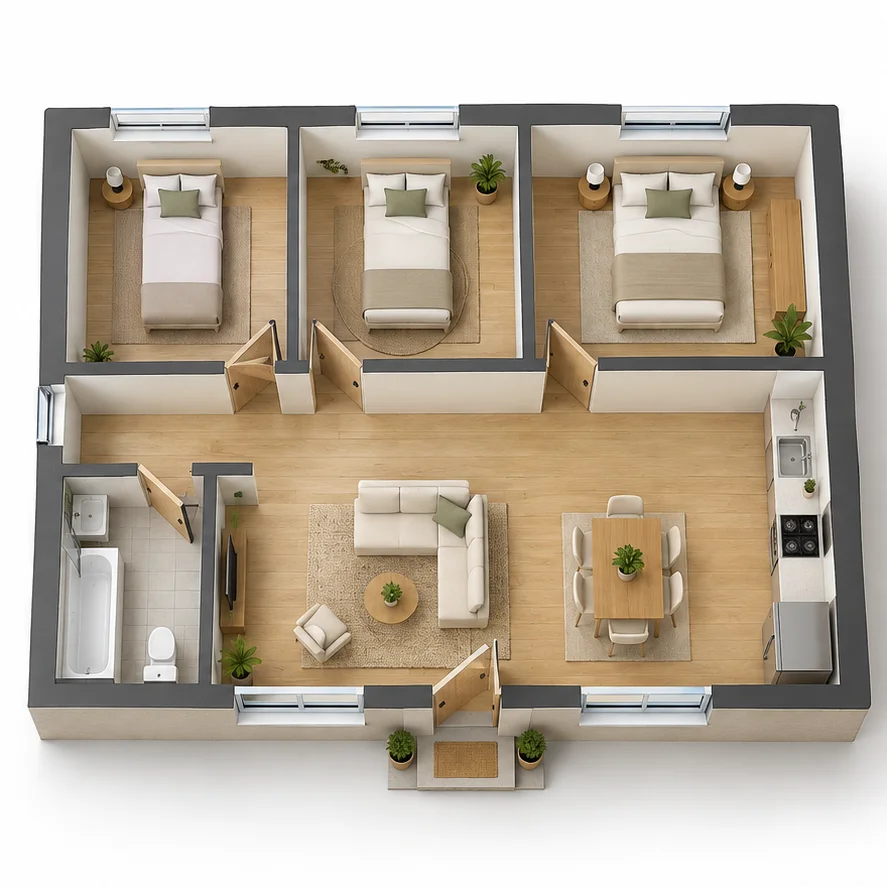 Furnished 3D floor plan of a three-bedroom home with a connecting hallway and shared living areas.