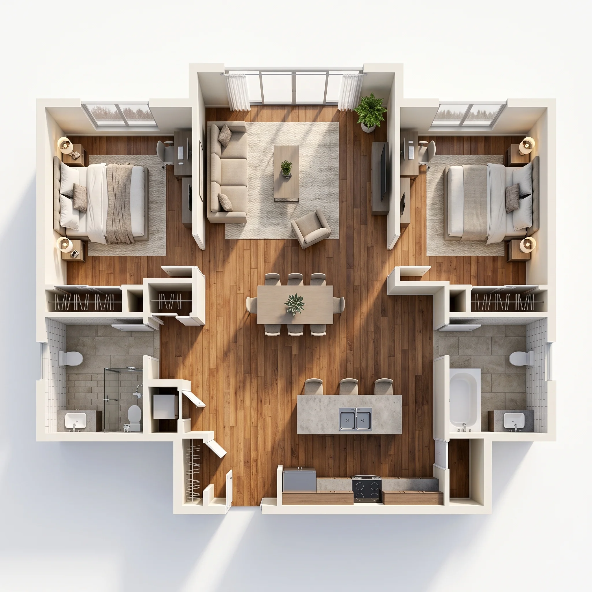 Furnished 3D floor plan showing two bedrooms and the shared living spaces.