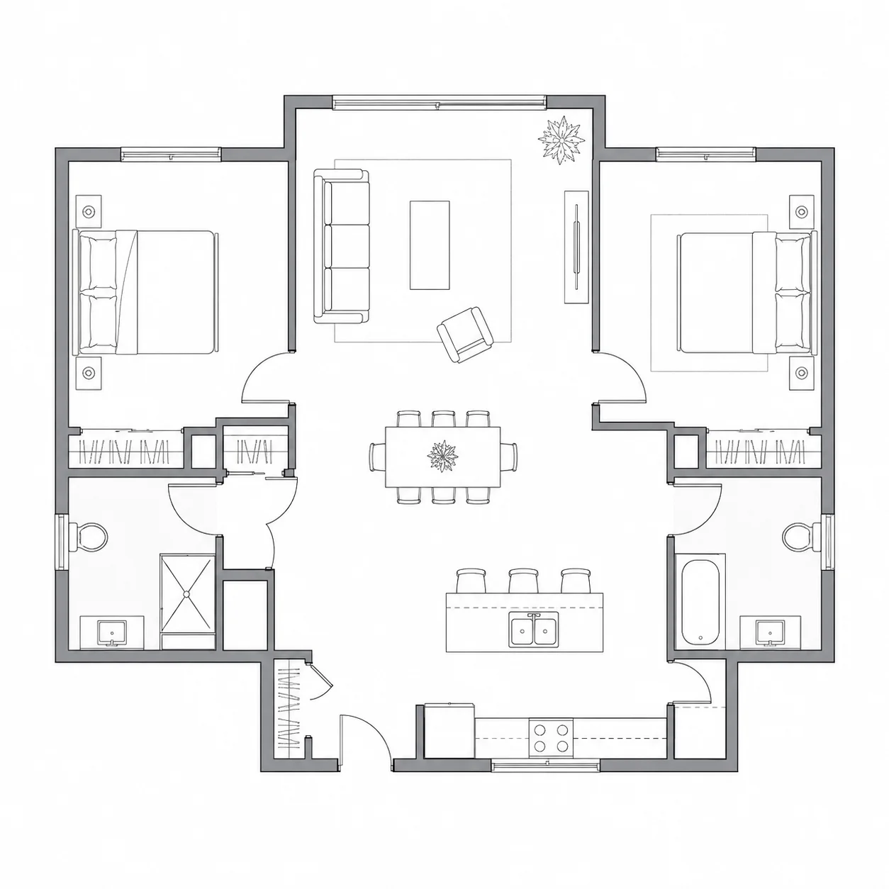 2D home floor plan showing two bedrooms and shared living spaces.