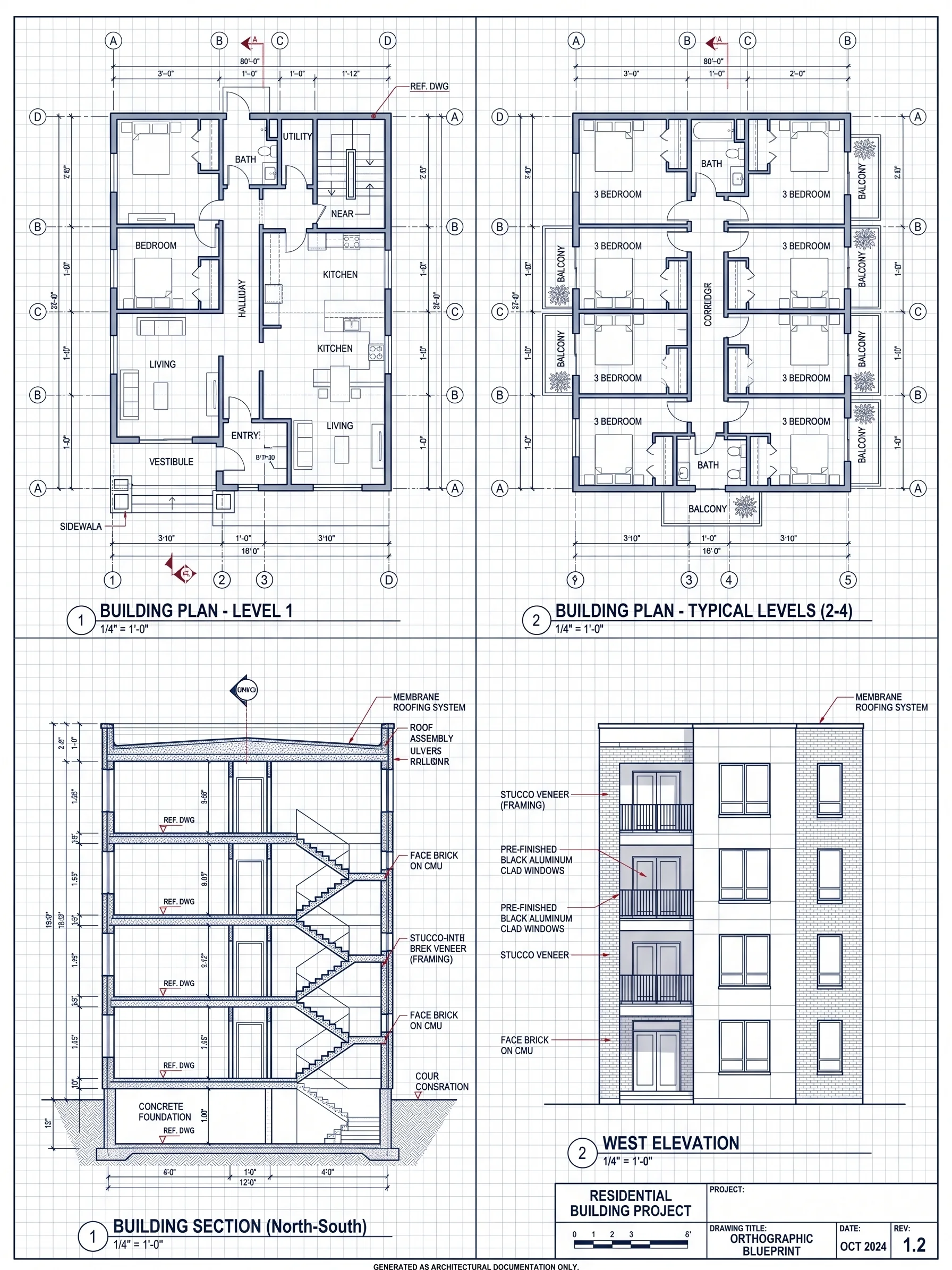 Blueprint-style line drawing of an apartment building showing its windows, balconies and exterior form.