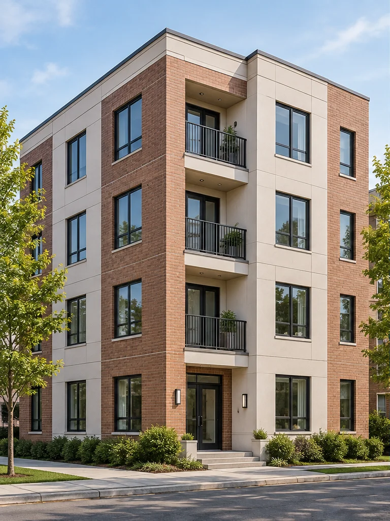 Apartment building exterior with brick and light-colored cladding, repeated windows and recessed balconies.