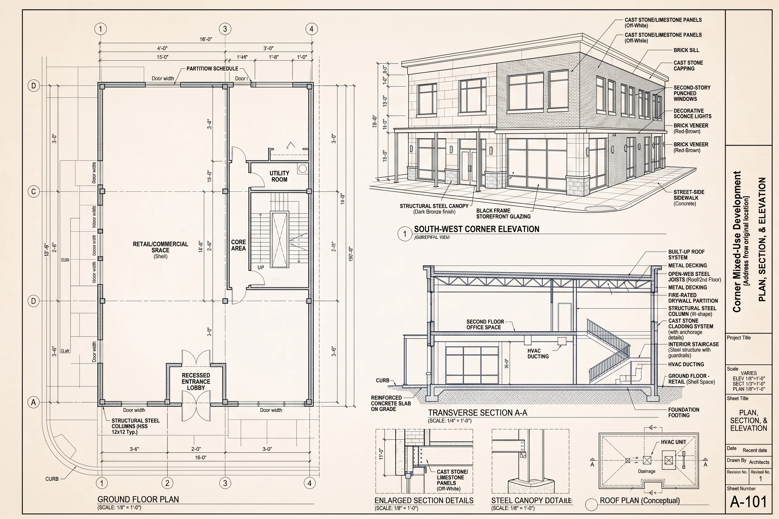 Blueprint-style drawing of a commercial building showing storefronts, windows and a corner facade.