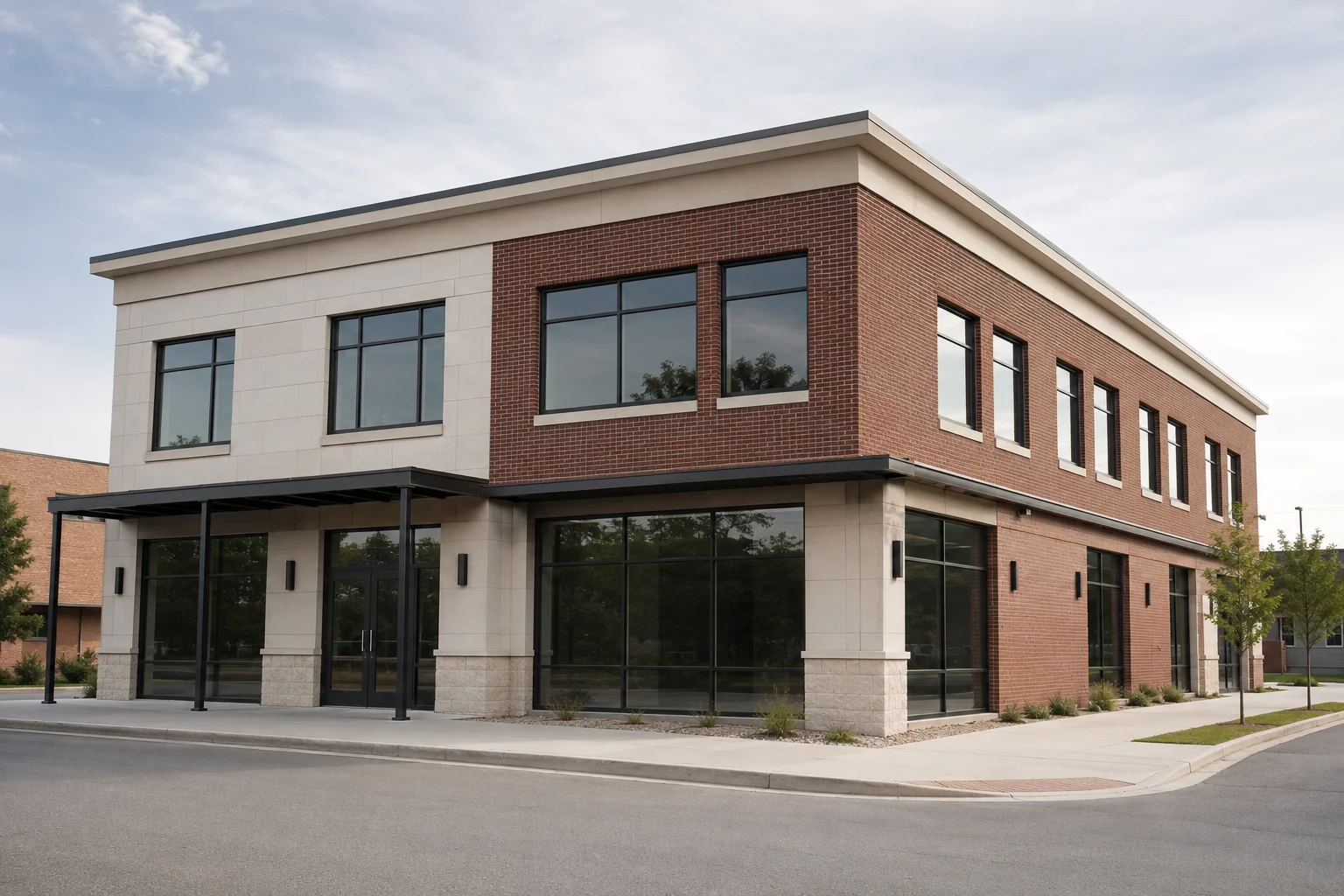 Corner commercial building with upper-floor windows and ground-floor storefronts.