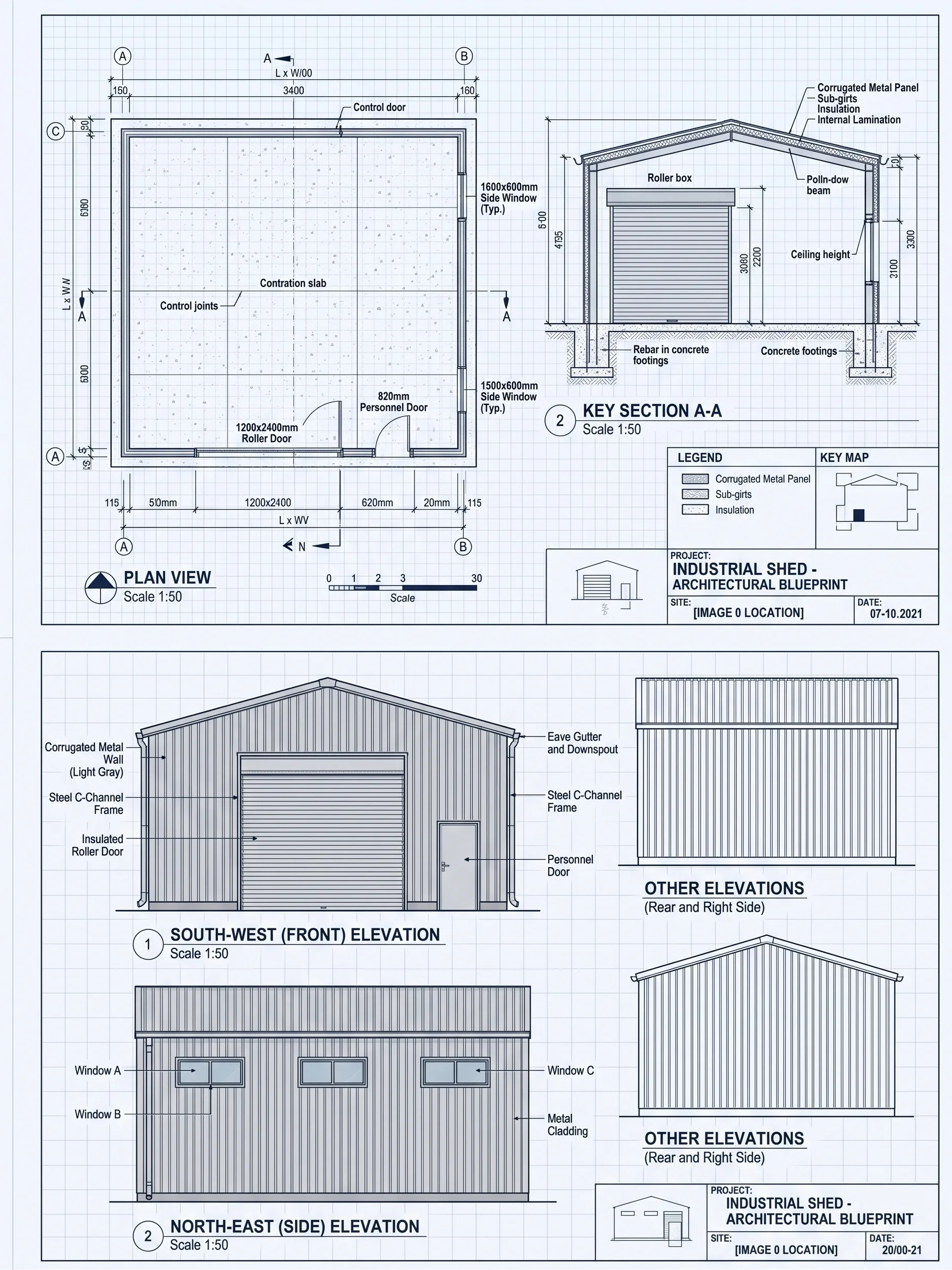 Blueprint-style line drawing of a warehouse showing the gable roof, roller door and side windows.