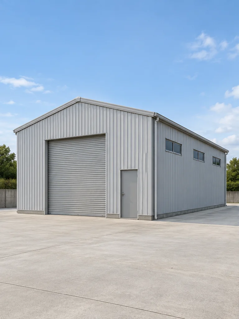 Industrial warehouse exterior with a metal gable roof, a roller door and high side windows.