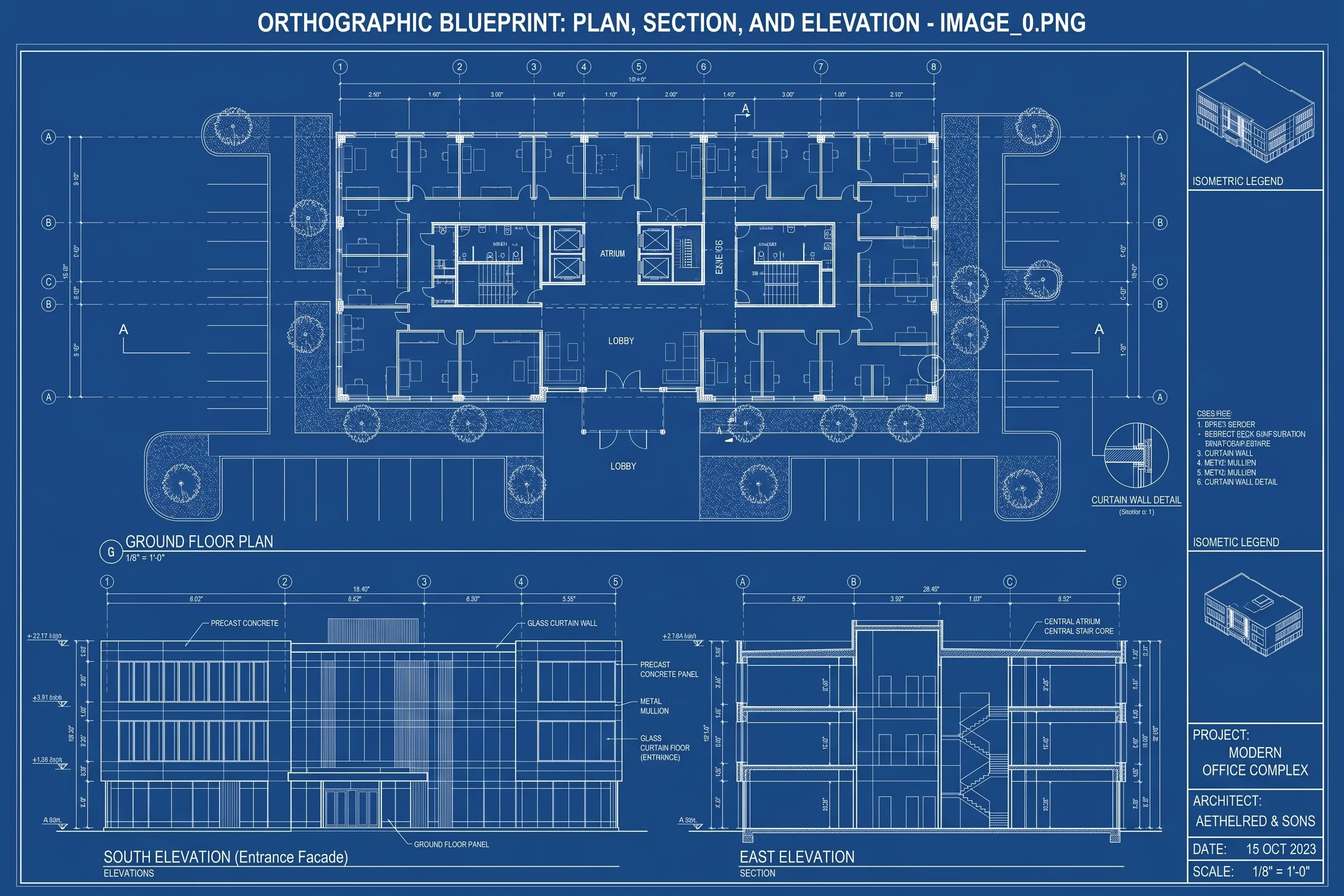 Blueprint-style drawing of an office building showing its facade grid and corner perspective.