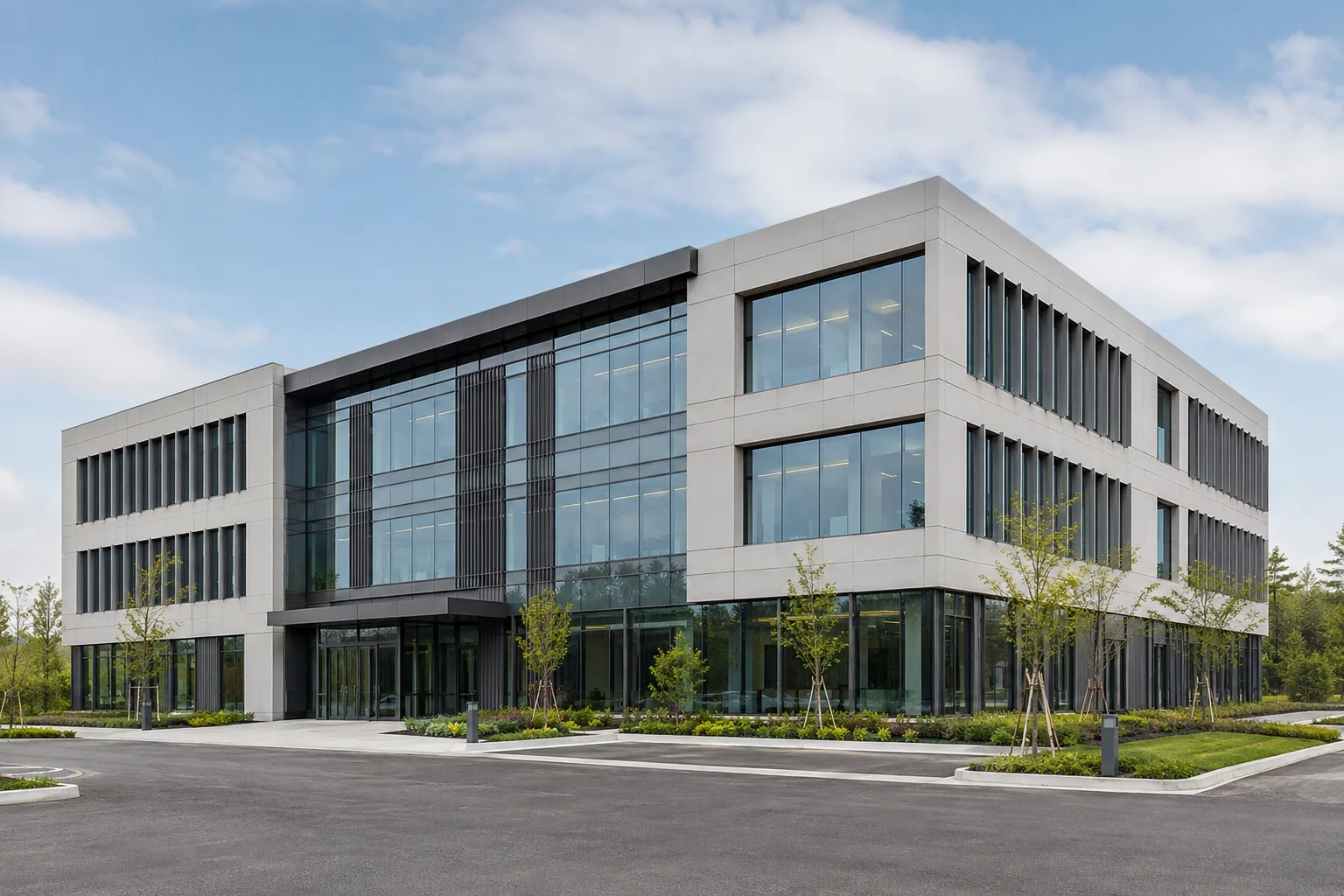 Modern office building with a glass facade and a regular window grid.