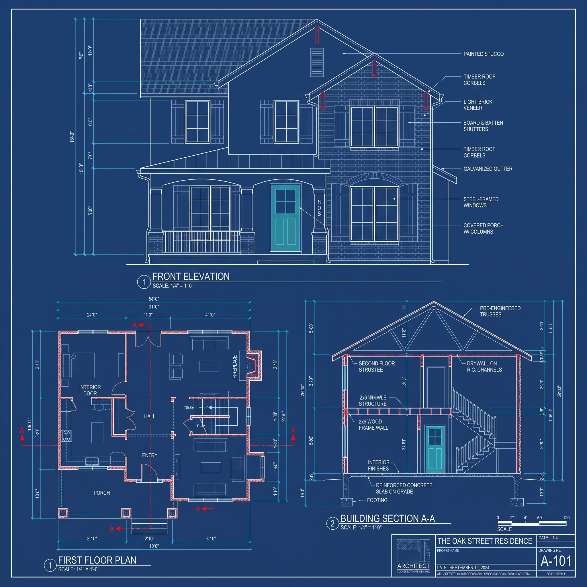 Blueprint-style line drawing of a modern villa showing flat rooflines, glazing, a balcony and an entrance screen.
