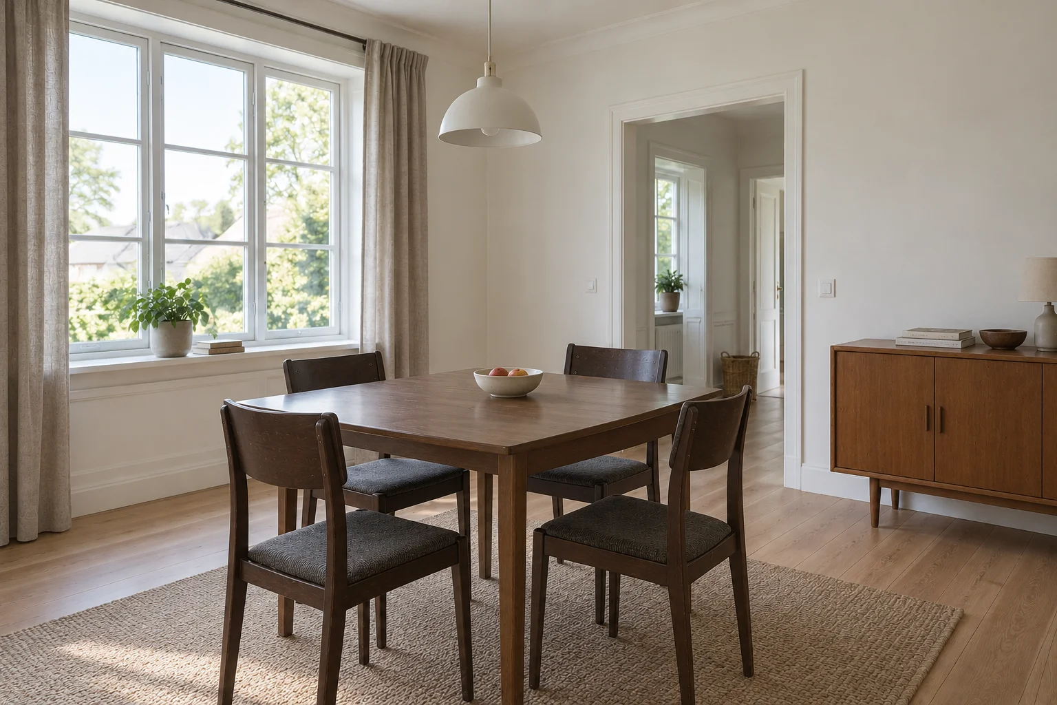 Dining room before decoration, with a dark rectangular table, simple chairs and plain curtains.