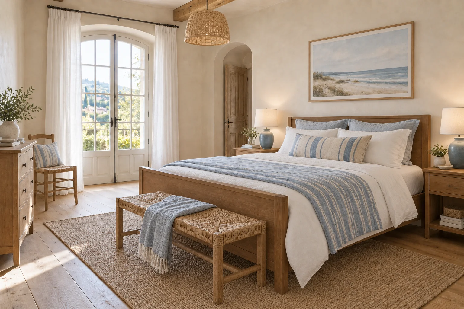 Coastal bedroom concept with blue-and-white striped bedding, woven accents, ceramic lamps and seascape artwork.
