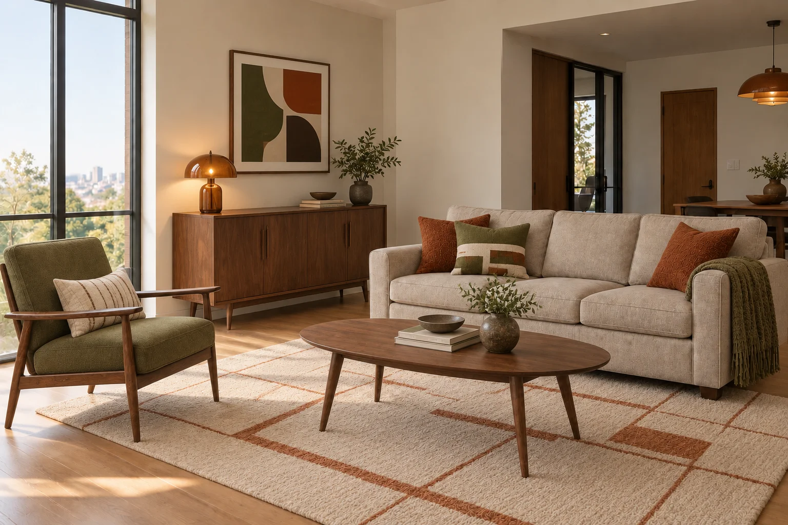 Mid-Century living room concept with walnut furniture, an olive accent chair, retro lighting and geometric textiles.