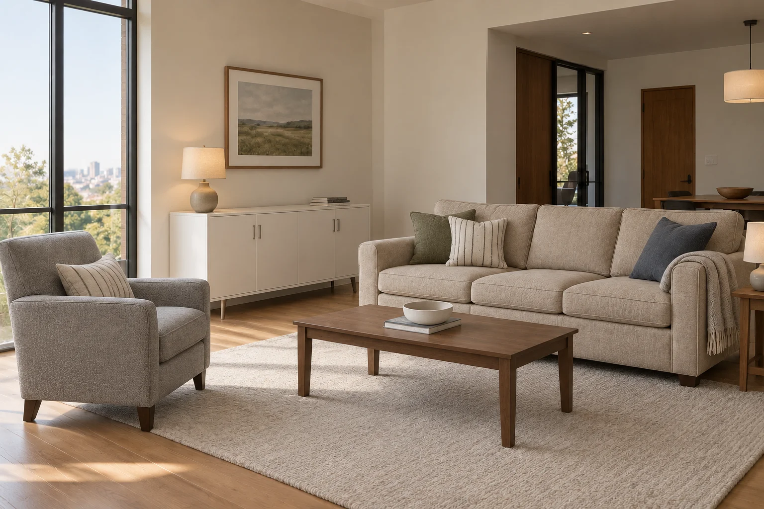 Living room before decoration, with a beige sofa, gray armchair, white cabinet and plain rug.