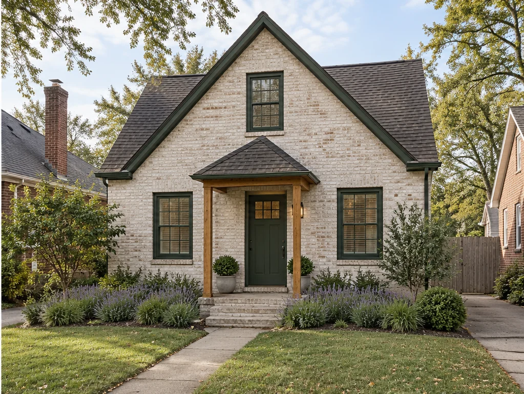 Brick cottage exterior concept with limewashed brick, timber porch posts and a forest-green front door.