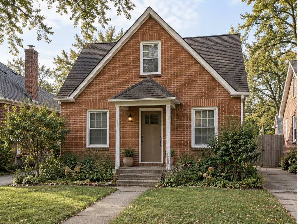 Red brick cottage with a pitched-roof porch, white porch posts and a brown front door.