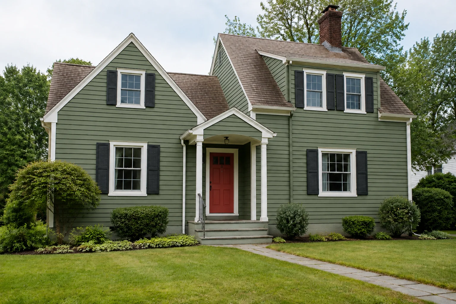 House exterior with updated sage green paint and contrasting trim