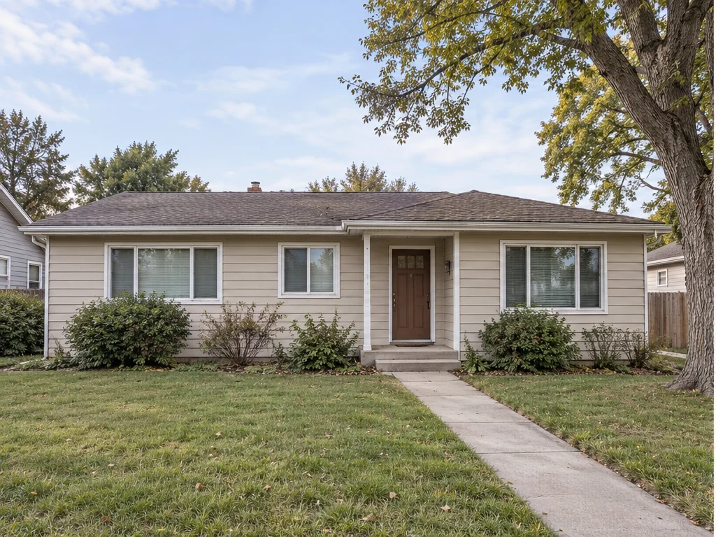 Single-story ranch house with beige siding, white trim and a simple front entrance.
