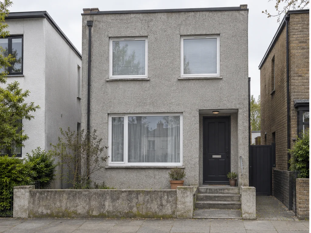 Two-story townhouse with a gray stucco facade, white window frames and a recessed entrance.