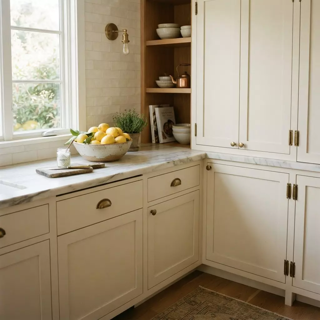 Detail of a warm wood kitchen with natural stone and brass fixtures