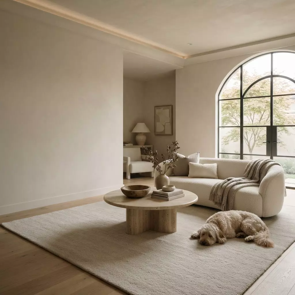 Calm minimal living room in warm neutral tones