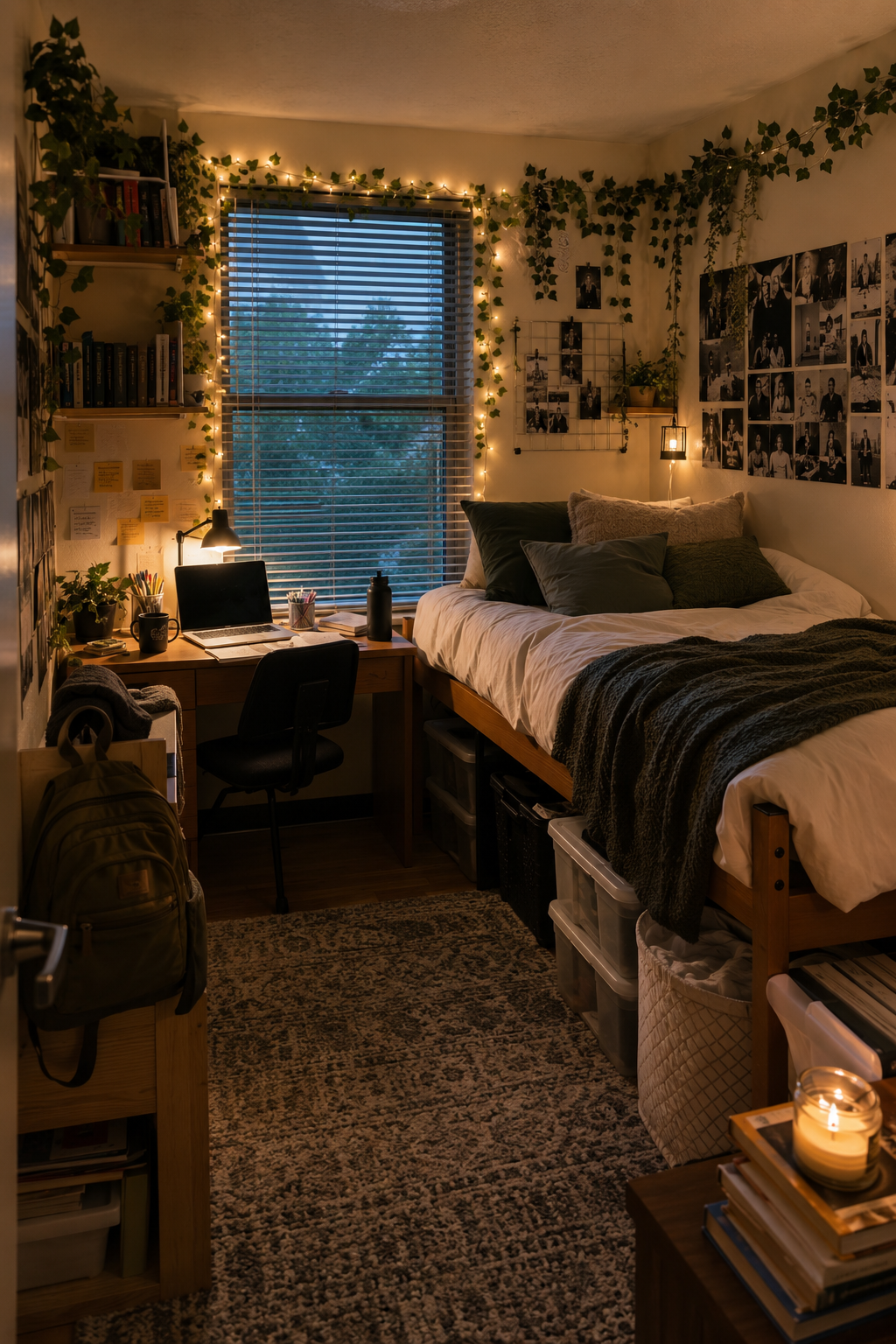 Compact bedroom with a raised platform bed, built-in storage, wood desk, laptop, and warm task lighting