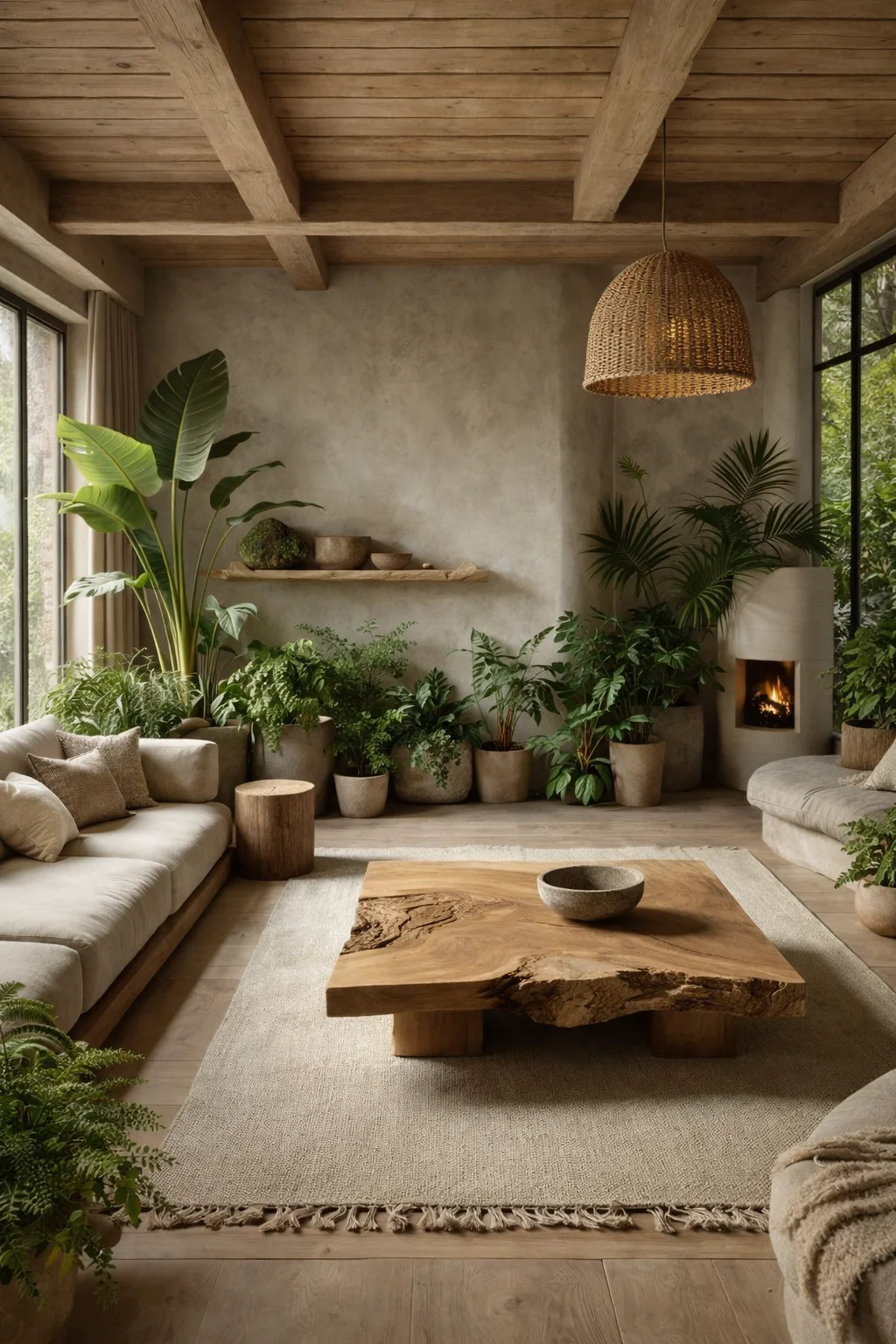 Plant-filled modern living room with a low cream sofa, concrete fireplace, wood table, and neutral textiles