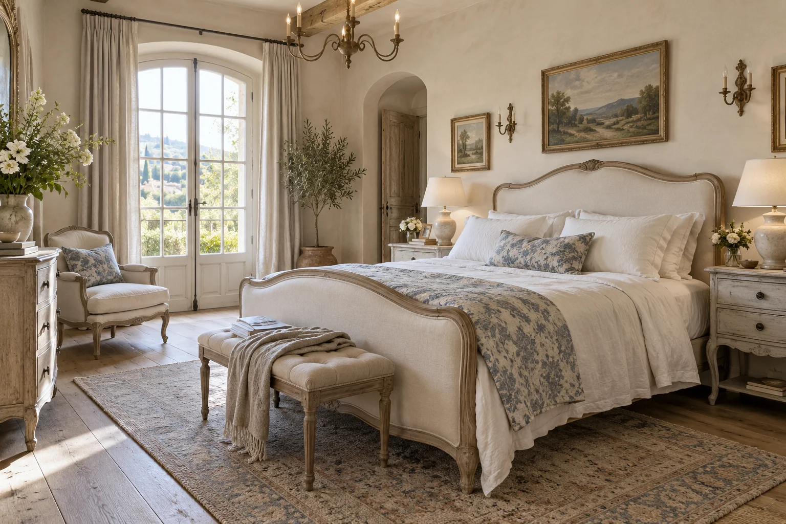 After concept: french country bedroom with a curved upholstered bed, painted bedside tables, linen curtains and muted floral accents.
