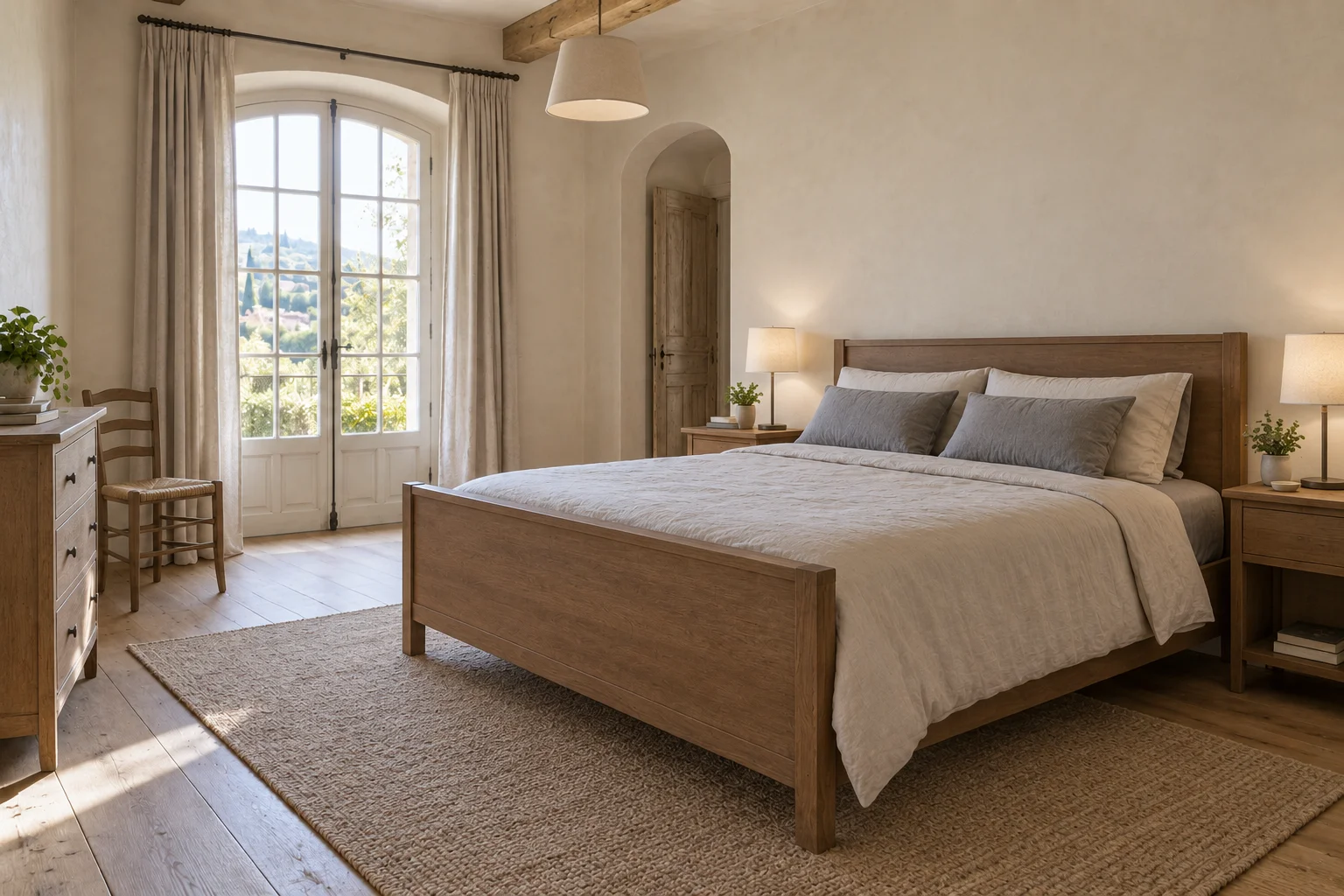 Bedroom before the illustrated French Country redesign, with a straight-edged wood bed, plain bedding and simple bedside tables.