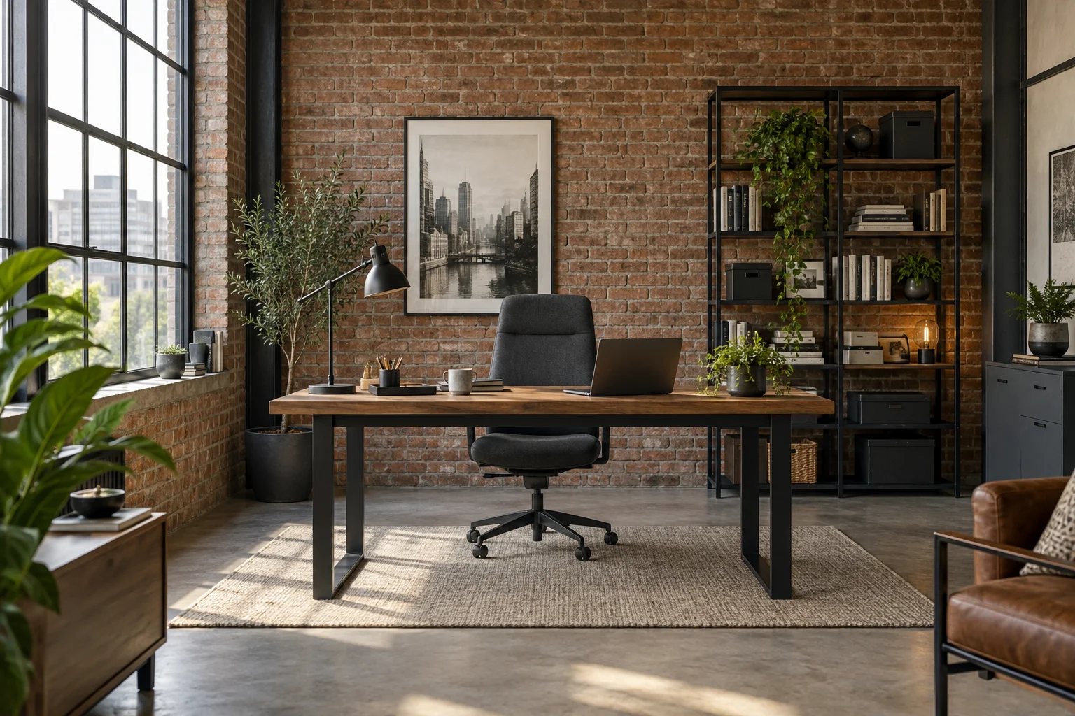 After concept: industrial home office with an exposed brick wall, a wood desk, black metal shelving and a steel-framed window.