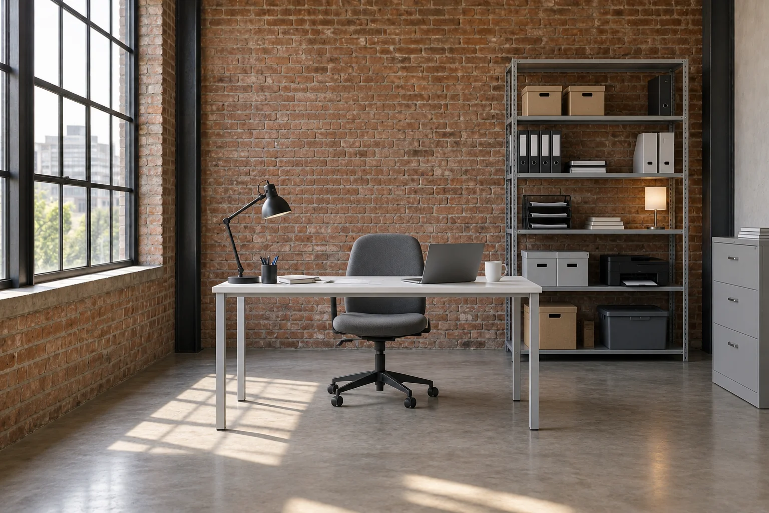Home office before the illustrated industrial redesign, with a white desk, gray storage shelves and exposed brick walls.