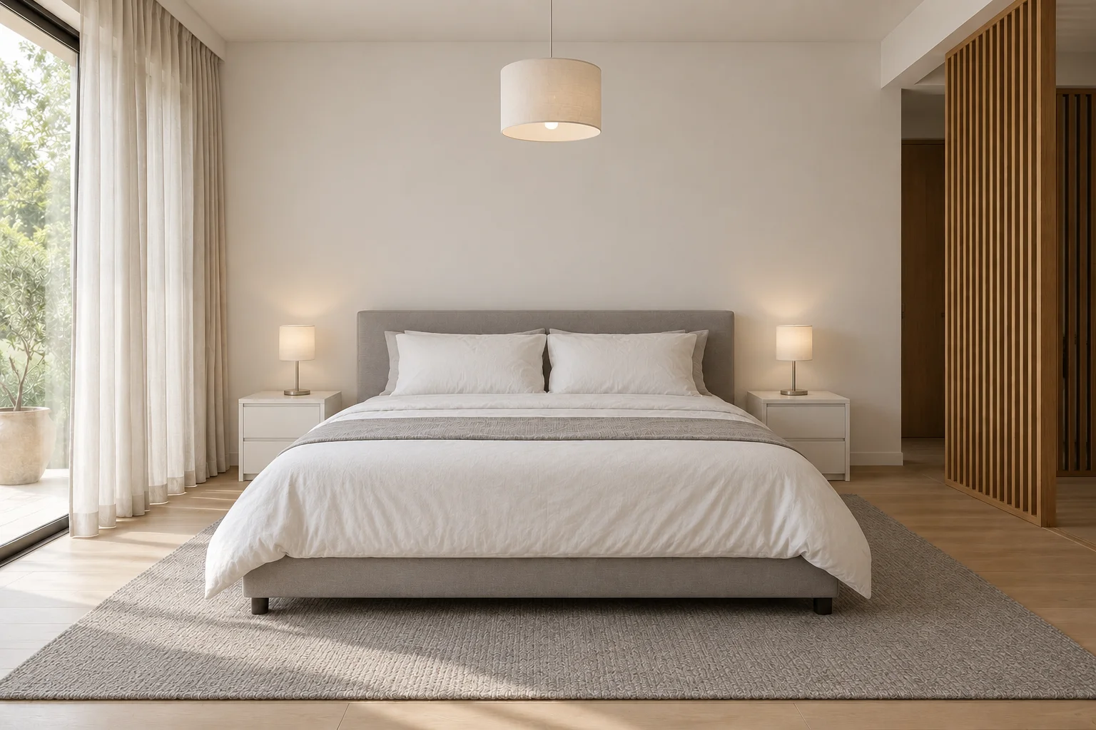 Bedroom before the illustrated Japandi redesign, with a gray upholstered bed, white bedside tables and a simple pendant.
