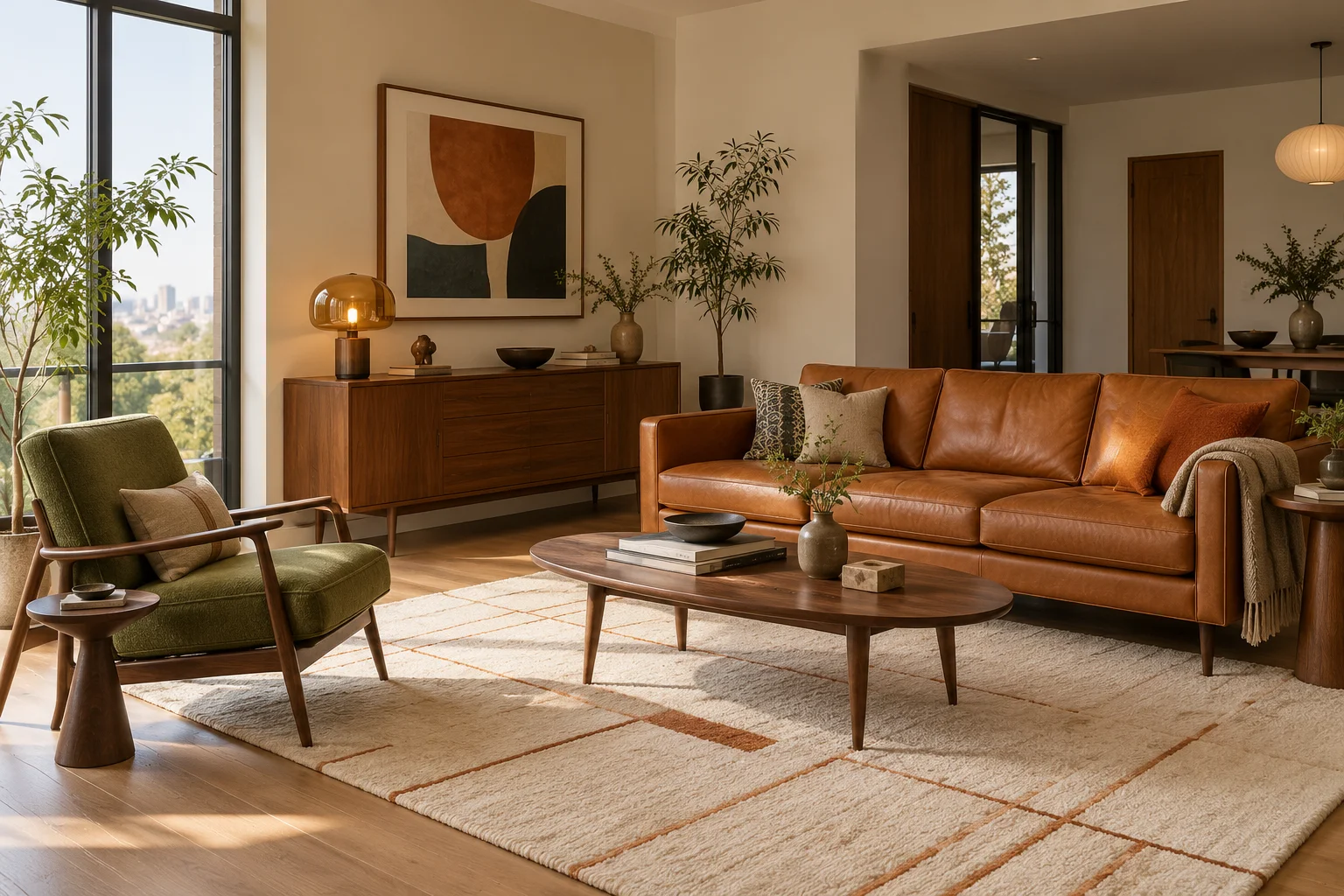 After concept: mid-century living room with a caramel leather sofa, walnut furniture, an olive armchair and a geometric rug.