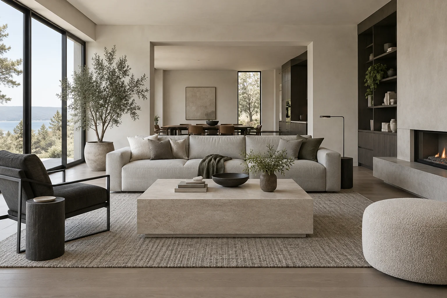 After concept: modern living room with a light gray sofa, a stone coffee table, dark accents and large windows.