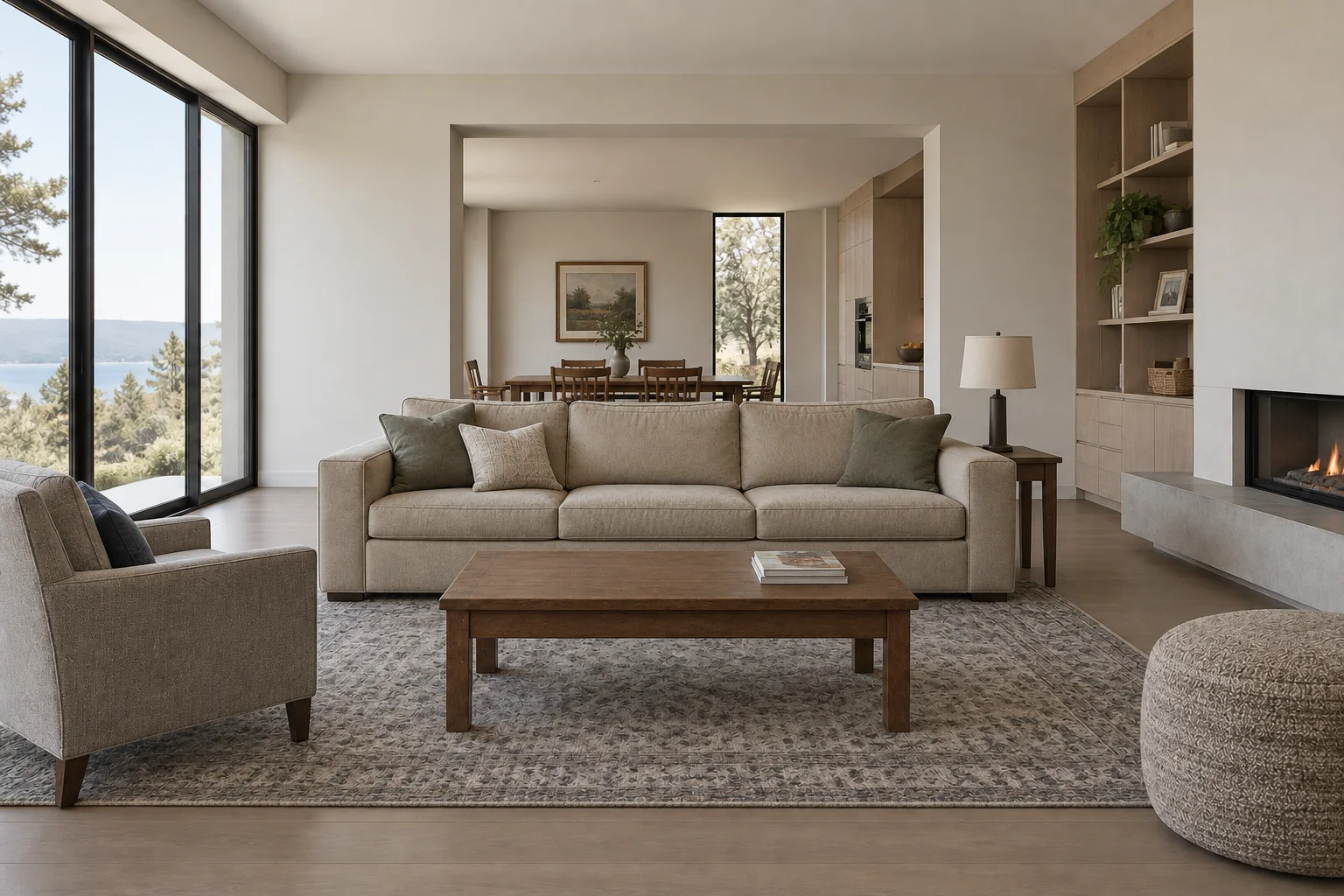 Living room before the illustrated modern redesign, with a beige sofa, brown coffee table and light wood cabinetry.