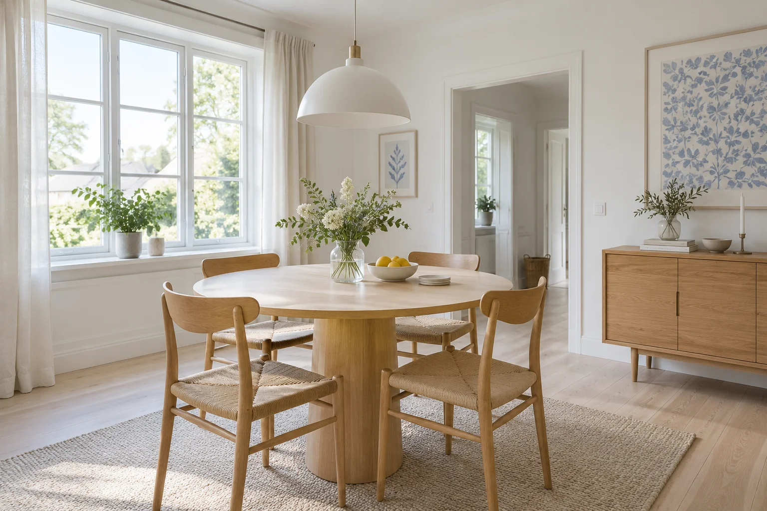 After concept: scandinavian dining room with a pale wood table, woven-seat chairs, a white pendant and bright windows.