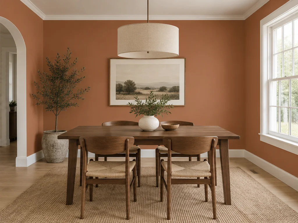 Dining room with muted terracotta walls and a walnut dining table.