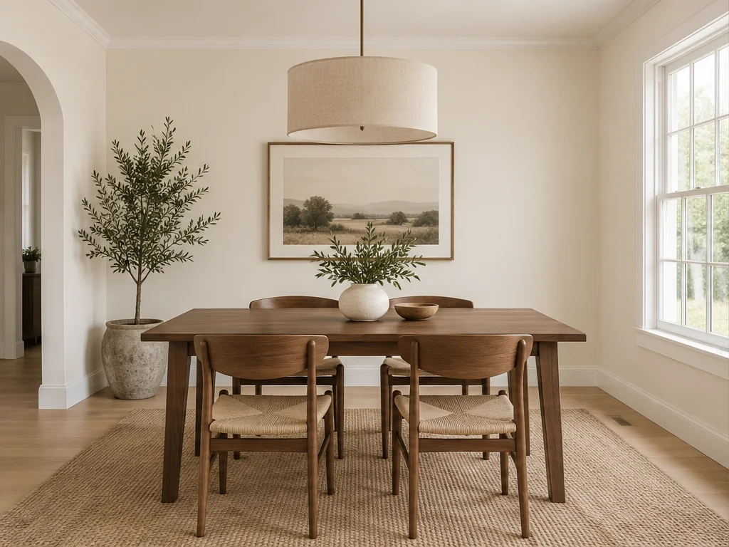 Dining room with warm off-white walls and a walnut dining table.