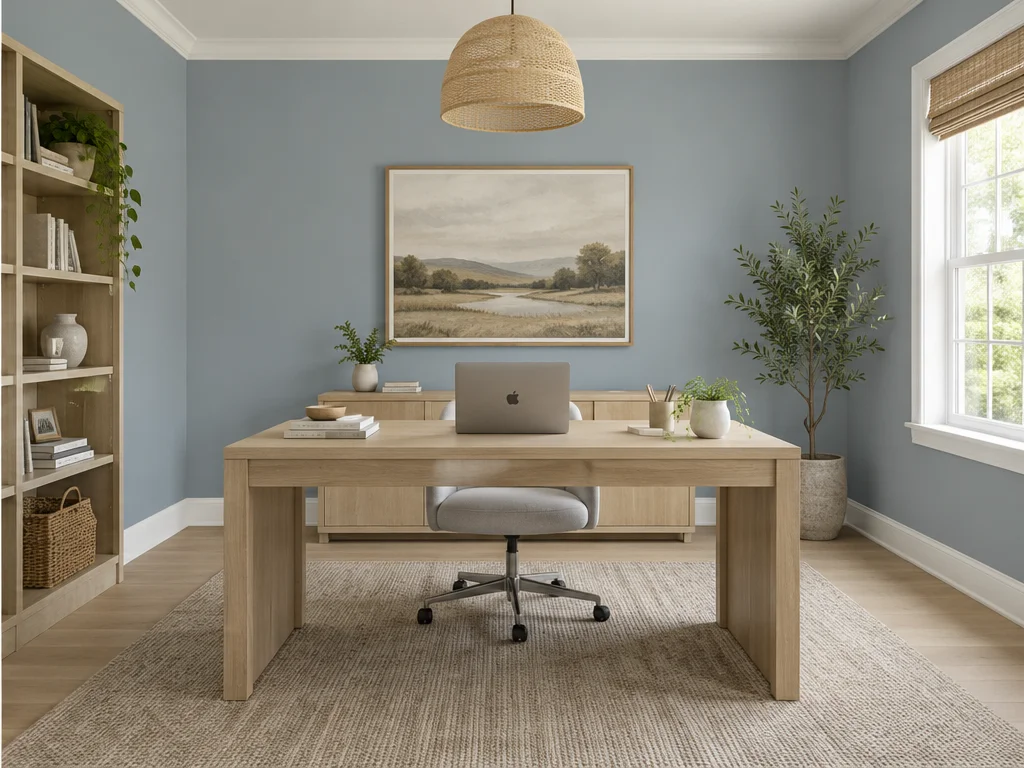 Home office with dusty blue walls, a light oak desk and open shelving.
