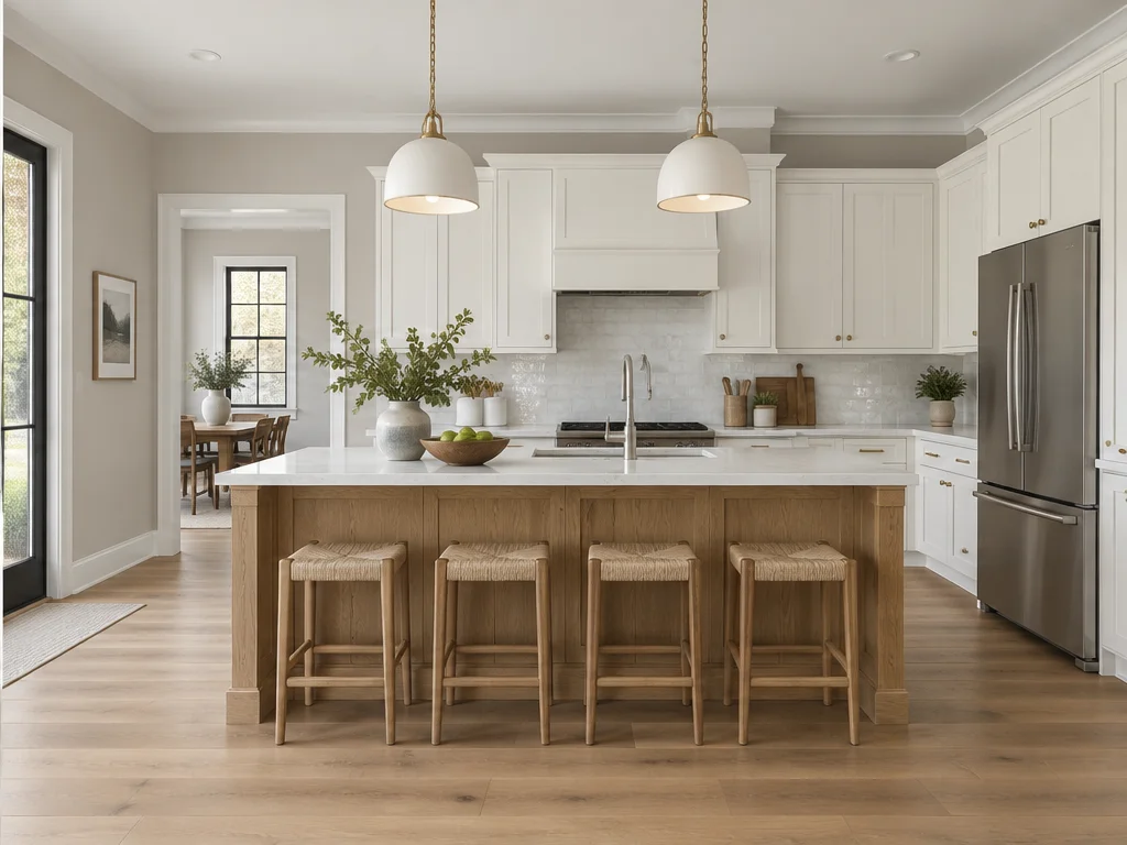 Kitchen with warm greige walls, off-white cabinets and a natural oak island.